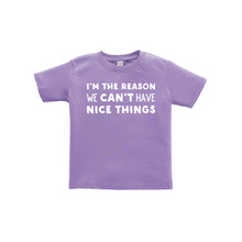 i'm the reason we can't have nice things kids t-shirt - lavender - soft and spun apparel