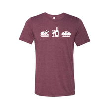 turkey + wine + pie graphic t-shirt - maroon - thanksgiving t-shirt - soft and spun apparel