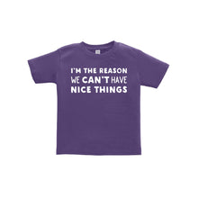 i'm the reason we can't have nice things kids t-shirt - purple - soft and spun apparel