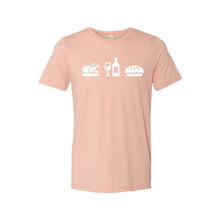 turkey + wine + pie graphic t-shirt - peach - thanksgiving t-shirt - soft and spun apparel