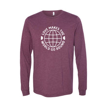 love makes the world go round long sleeve t-shirt - maroon - soft and spun apparel