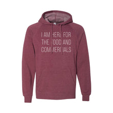 im here for the food and commercials pullover hoodie - crimson - sportsball - soft and spun apparel