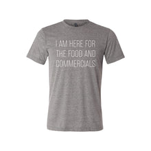 im here for the food and commercials t-shirt - grey -sportsball - soft and spun apparel