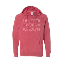 im here for the food and commercials pullover hoodie - pomegranate - sportsball - soft and spun apparel