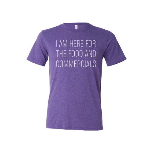 im here for the food and commercials t-shirt - purple -sportsball - soft and spun apparel