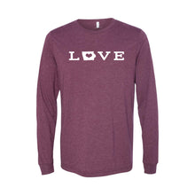 love - iowa - long sleeve t-shirt - maroon - midwest nice - soft and spun apparel