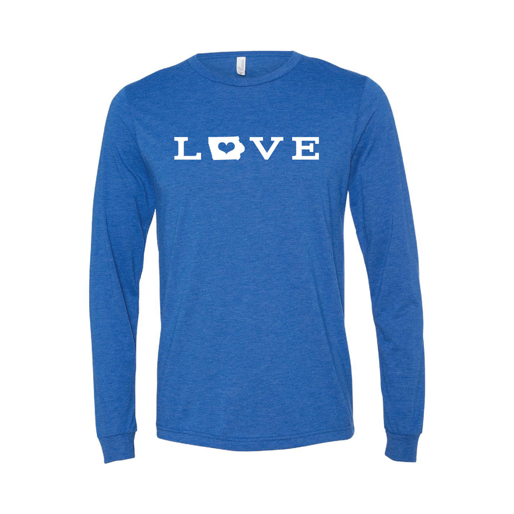 love - iowa - long sleeve t-shirt - blue - midwest nice - soft and spun apparel