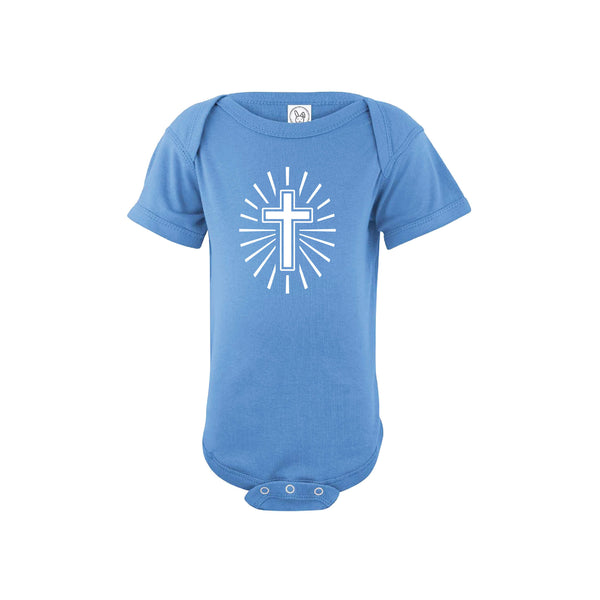 cross onesie - easter onesie -carolina blue - soft and spun apparel
