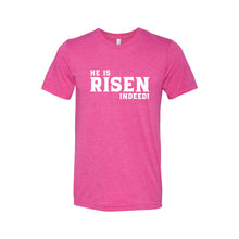 he is risen indeed t-shirt - easter t-shirt - berry - soft and spun apparel