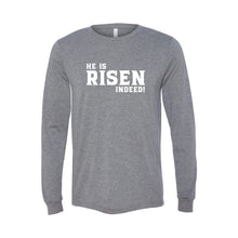 he is risen indeed long sleeve t-shirt - easter t-shirt - gray - soft and spun apparel