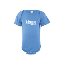 he is risen indeed onesie - easter onesie - carolina blue - soft and spun apparel