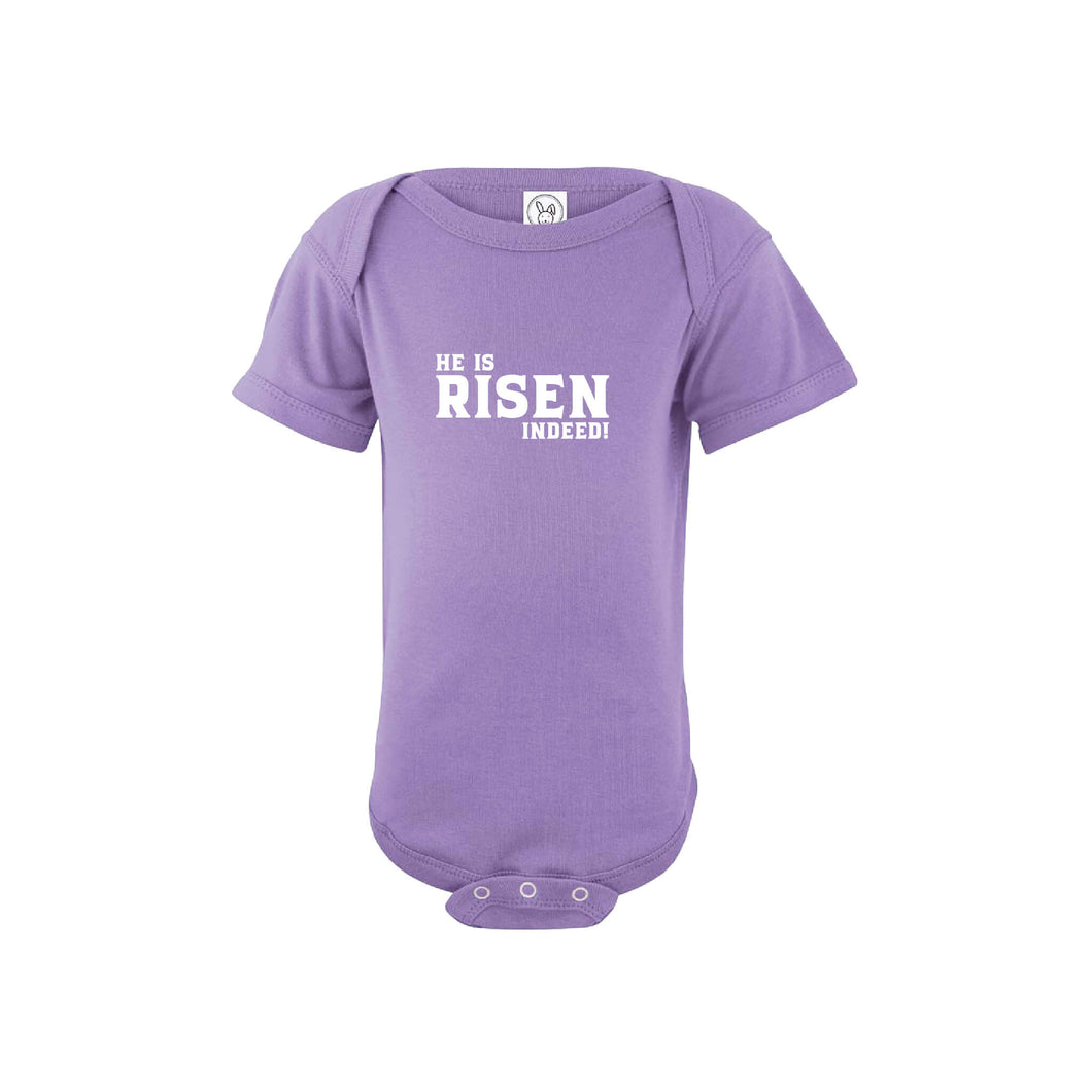 he is risen indeed onesie - easter onesie - lavender - soft and spun apparel