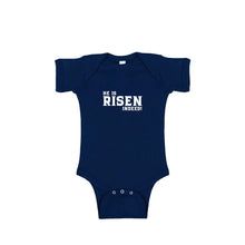 he is risen indeed onesie - easter onesie - navy - soft and spun apparel