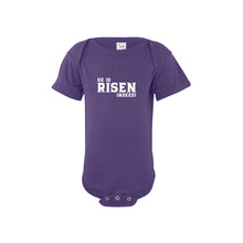 he is risen indeed onesie - easter onesie - purple - soft and spun apparel