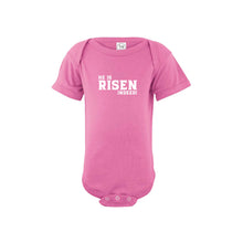 he is risen indeed onesie - easter onesie - raspberry - soft and spun apparel