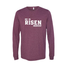 he is risen indeed long sleeve t-shirt - easter t-shirt - maroon - soft and spun apparel