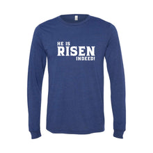 he is risen indeed long sleeve t-shirt - easter t-shirt - navy - soft and spun apparel
