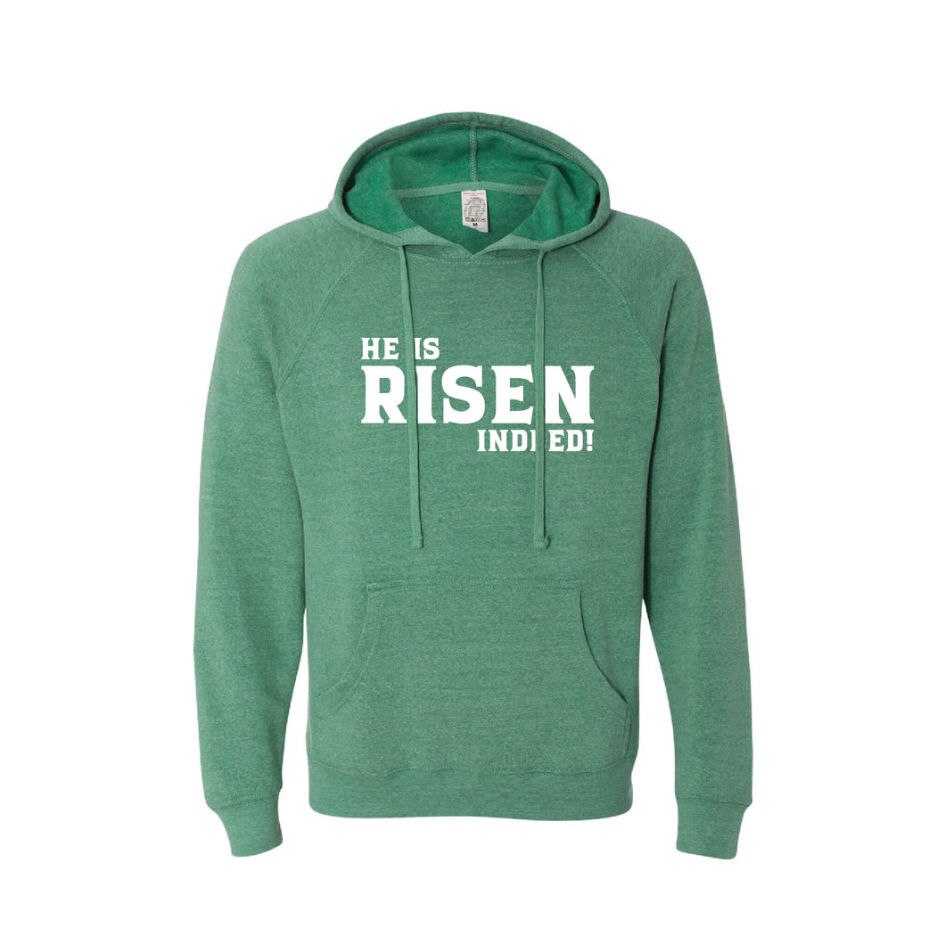 he is risen indeed pullover hoodie - easter hoodie - sea green - soft and spun apparel