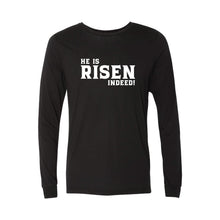 he is risen indeed long sleeve t-shirt - easter t-shirt - black - soft and spun apparel