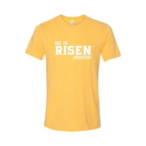 he is risen indeed t-shirt - easter t-shirt - yellow - soft and spun apparel
