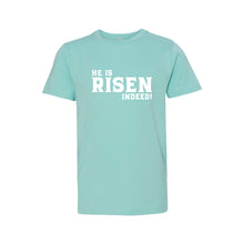 he is risen indeed kids t-shirt - easter kids t-shirt - caribbean - soft and spun apparel
