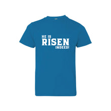 he is risen indeed kids t-shirt - easter kids t-shirt - cobalt - soft and spun apparel