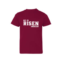he is risen indeed kids t-shirt - easter kids t-shirt - garnet - soft and spun apparel