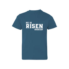 he is risen indeed kids t-shirt - easter kids t-shirt - indigo - soft and spun apparel