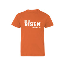 he is risen indeed kids t-shirt - easter kids t-shirt - orange - soft and spun apparel