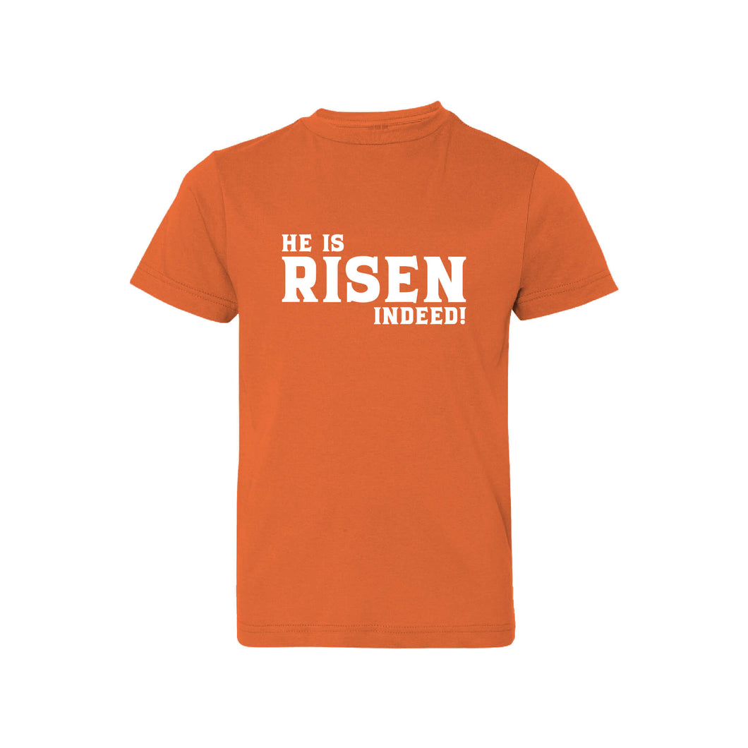 he is risen indeed kids t-shirt - easter kids t-shirt - orange - soft and spun apparel