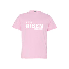 he is risen indeed kids t-shirt - easter kids t-shirt - pink - soft and spun apparel