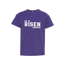 he is risen indeed kids t-shirt - easter kids t-shirt - purple - soft and spun apparel