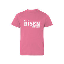 he is risen indeed kids t-shirt - easter kids t-shirt - raspberry - soft and spun apparel