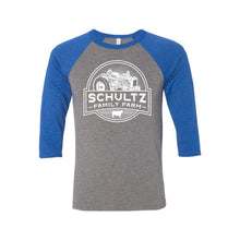 Schultz Family Farm Raglan-S-Grey Body / True Royal Sleeves-soft-and-spun-apparel