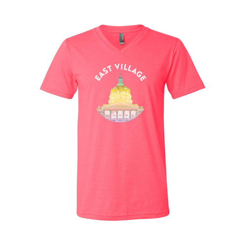 Capital City Pride Rainbow East Village V-Neck T-Shirt-XS-Neon Pink-soft-and-spun-apparel