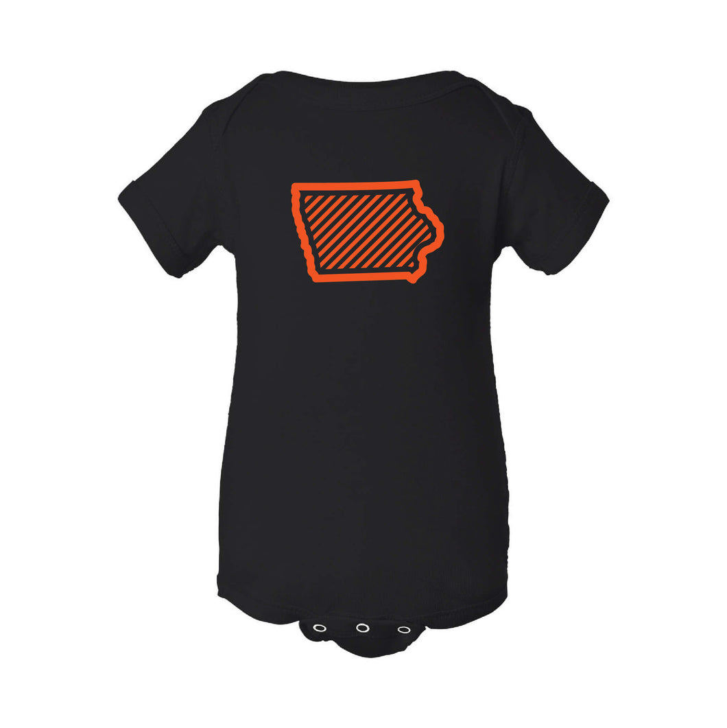 Orange Iowa Outline Onesie-NB-Black-soft-and-spun-apparel