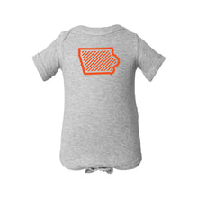 Orange Iowa Outline Onesie-NB-Heather-soft-and-spun-apparel