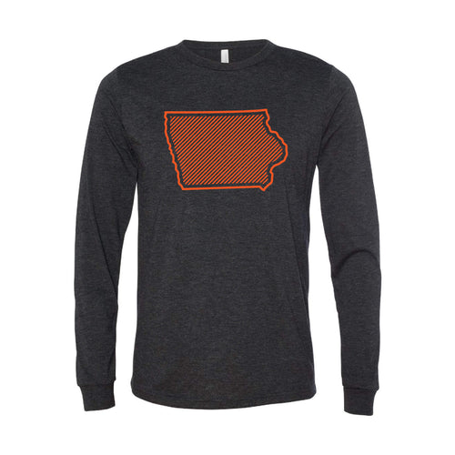 Orange Iowa Outline Long Sleeve T-Shirt-XS-Charcoal Black-soft-and-spun-apparel